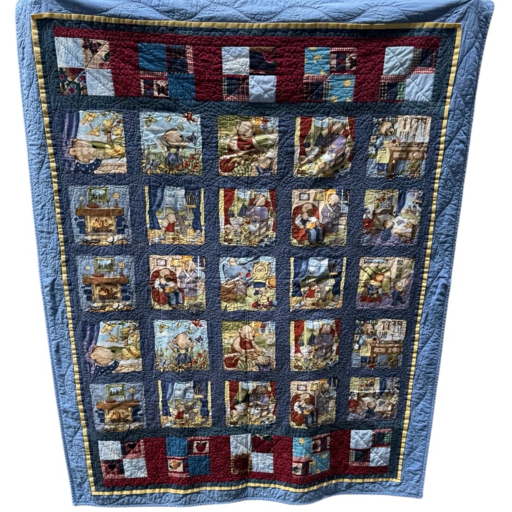 Patchwork Quilt with Blue and Red Accents